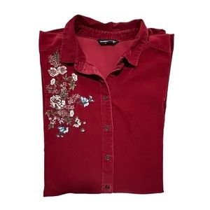 LC WALKIKI corduroy Floral Embroidery Button Front Shirt, size 40 (Large)